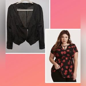 Lot of 2 Torrid Plus Size 2X T-Strap Georgette Hi-Lo Blouse & Moto Jacket Blazer